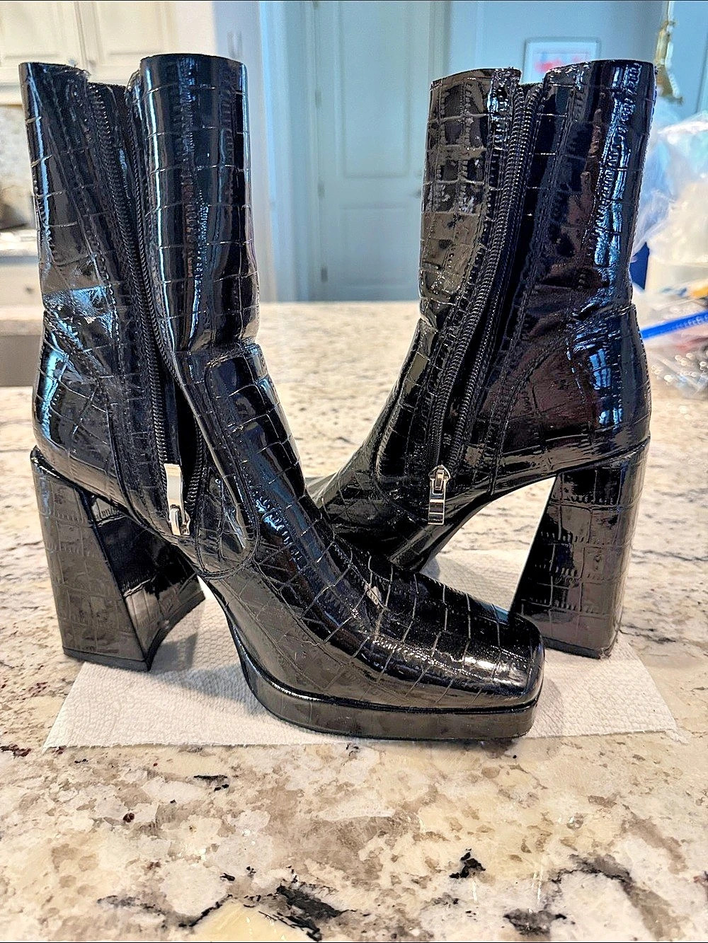 Black Croc-Embossed Heeled Boots Like New by Princess Polly 8